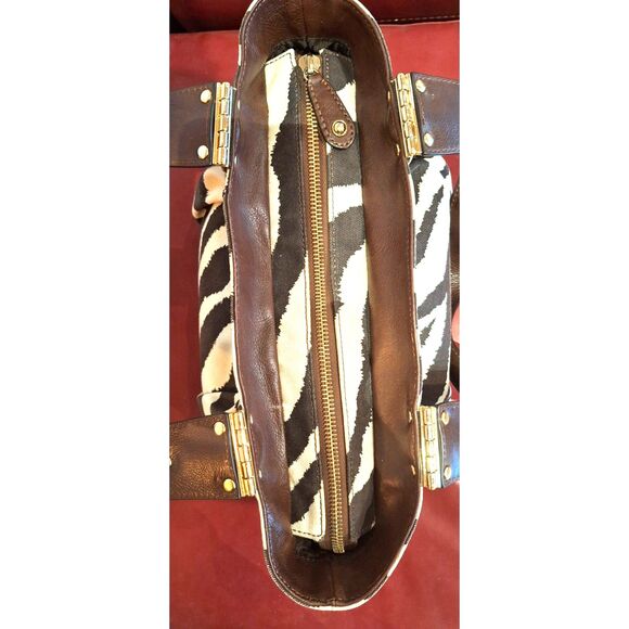 Michael Kors Zebra Print Canvas Leather Trim & Gold Tone Hinged Shoulder Straps - Picture 10 of 10